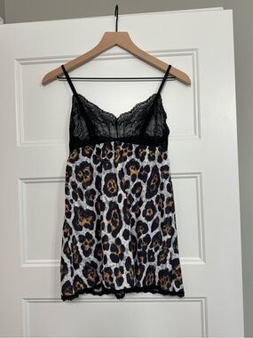 Hanky Panky Lace-Trim Leopard Chemise Nightdress in Black and Brown NWOT